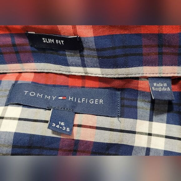 Tommy Hilfiger size 16 (34-35) white red navy plaid long sleeve dress shirt - Picture 3 of 7